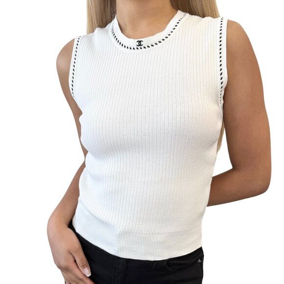 CHANEL Vintage 96P CC Mark Logo Knit Tank Top #42 White Black Cotton [106470] - Picture 1 of 14